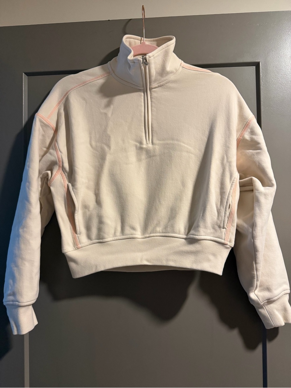 Athleta  Half-Zip Pullover Sweatshirt in Cream with Pink Stitching sz XXS